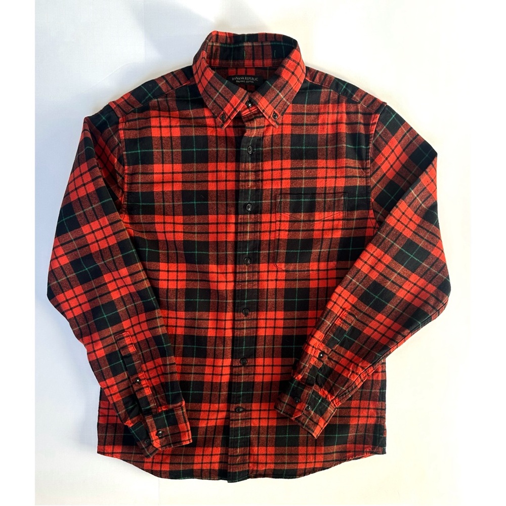 BANANA REPUBLIC Mens Organic Cotton Untucked Plaid Flannel Shirt Small Red
